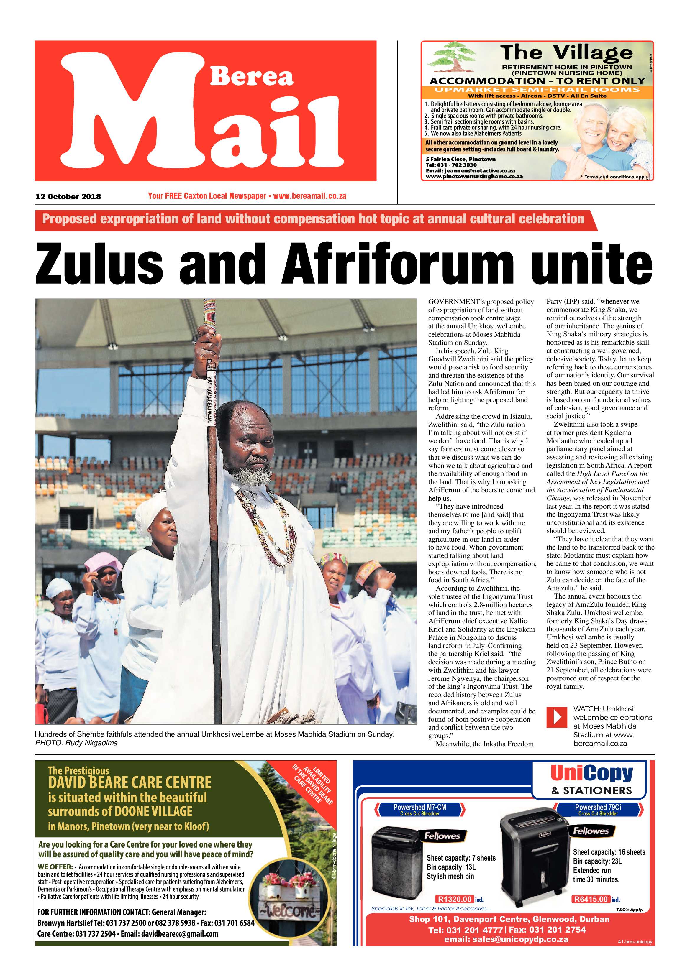 Berea Mail 12 October 2018 page 1